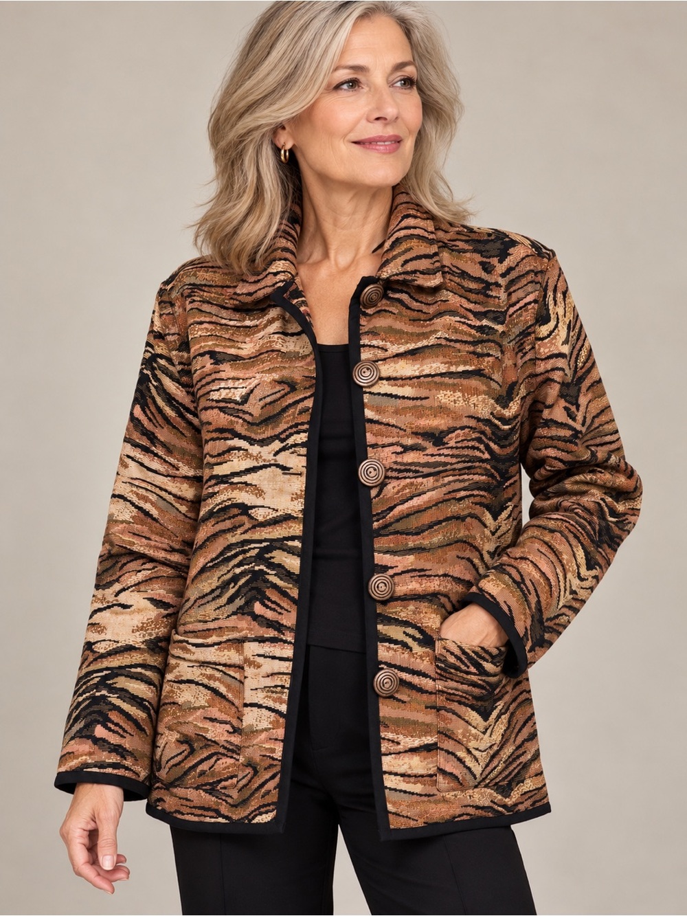 Vintage Tapestry Tiger Print Jacket – Earth Tones – Statement Buttons